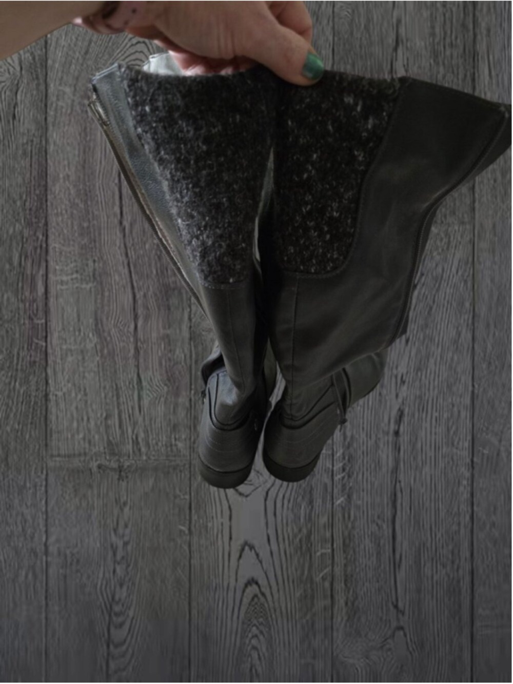 Women's Wide-Calf Charcoal Gray Knee-High Faux Leather Boots with Knit Cuff - Picture 6 of 8